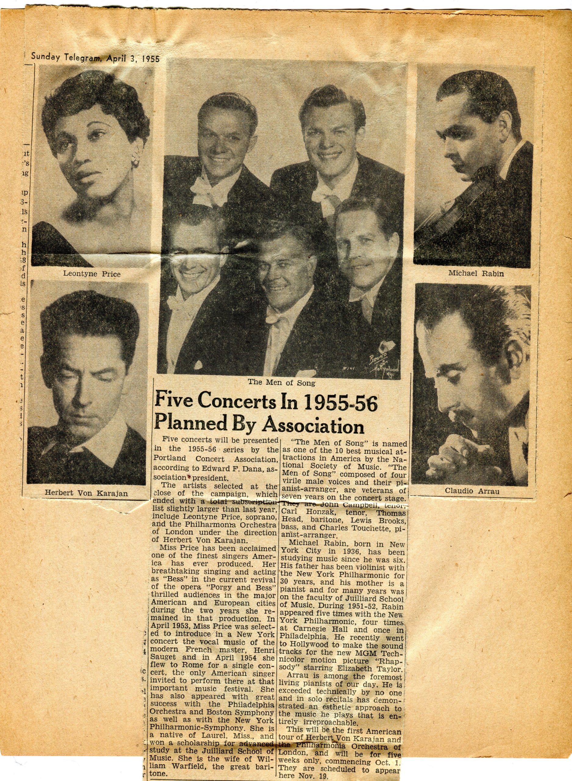 Newspaper clipping featuring artists featured in the 1955-56 season