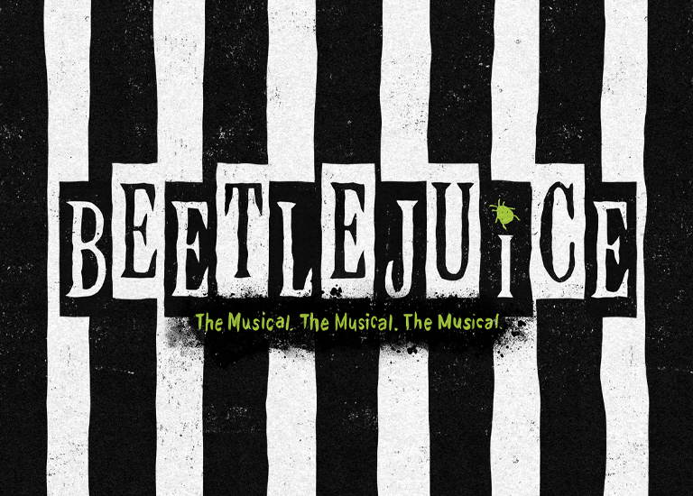 Graphic of the word 'Beetlejuice' over black and white vertical stripes.