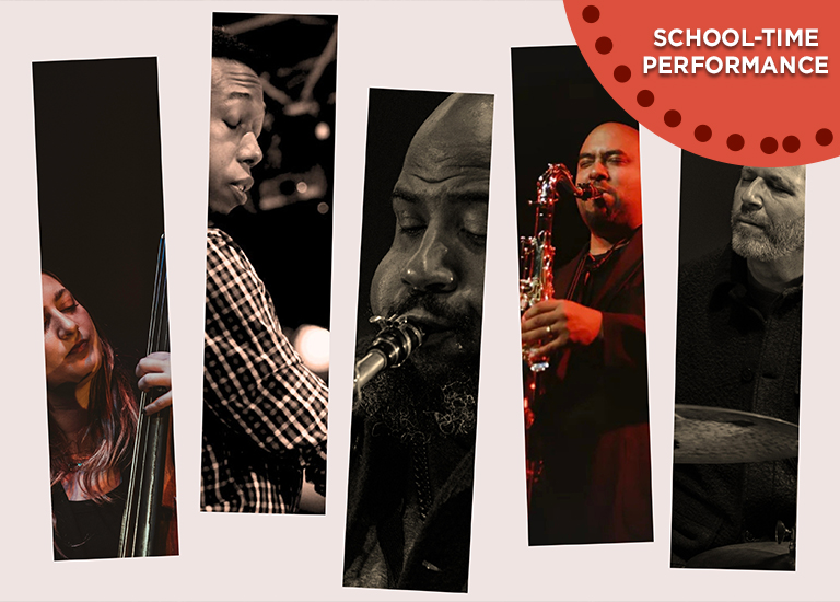 5 photos of the members of Jazz reach, in vertical strips across the graphic. Each member is playing an instrument.