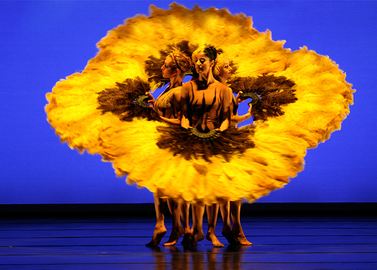 Photo of dancers from MOMIX in yellow skirts that make them appear as a large flower on stage