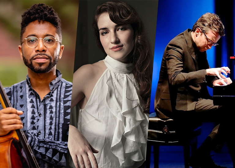 A square, with three different photos pushed together, one of Seth Parker Woods holding a cello, Ariadne Greif in a white dress, and Conor Hanick playing piano