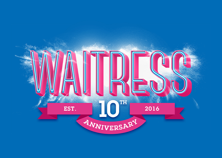 blue background with the word 'Waitress, 10th Year Anniversary; in pink lettering
