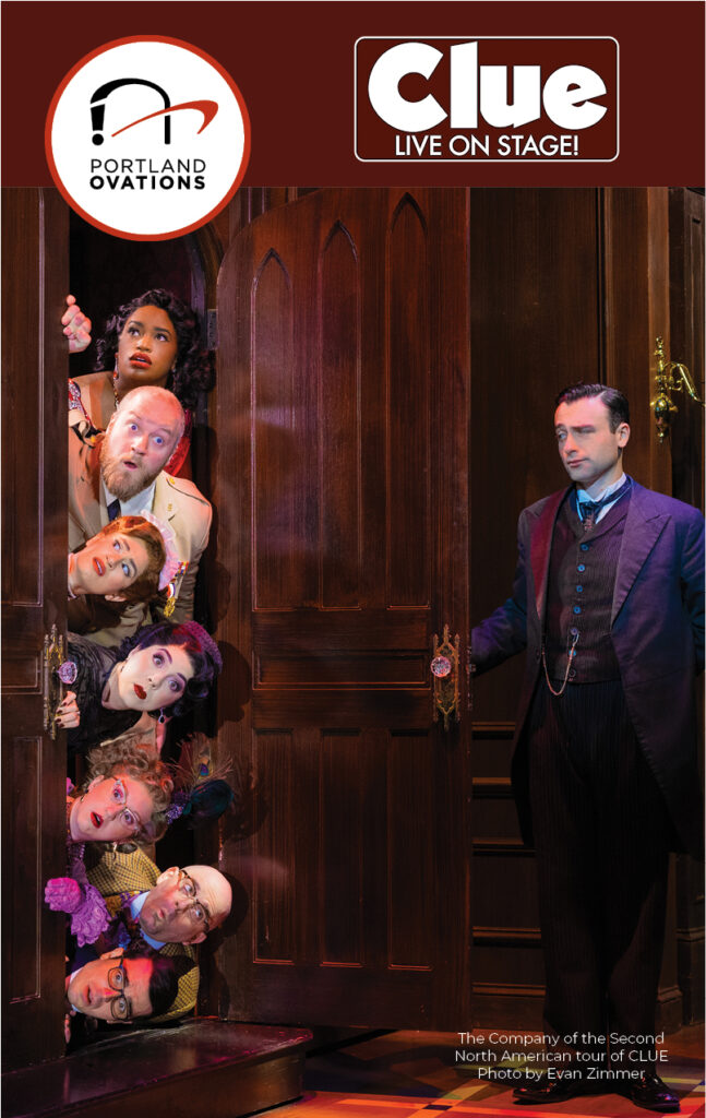 Program cover of 'Clue' with photo of the cast peaking around a doorframe
