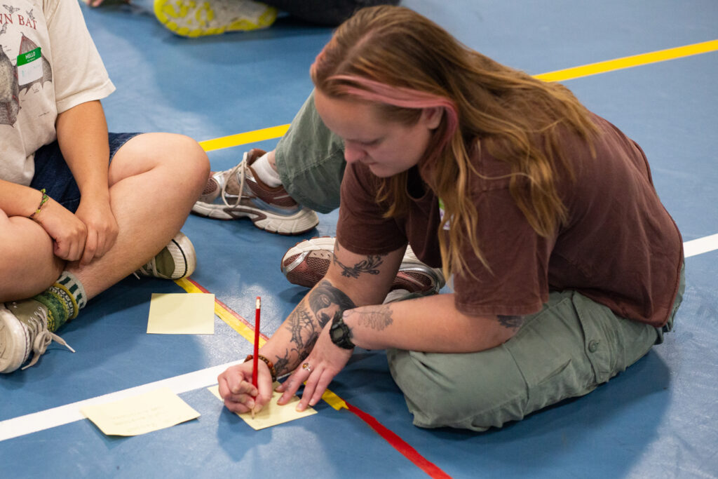 Photo of someone sitting on the floor, writing notes on a piece of paper